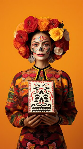 Day of the dead mexican woman holding gift box