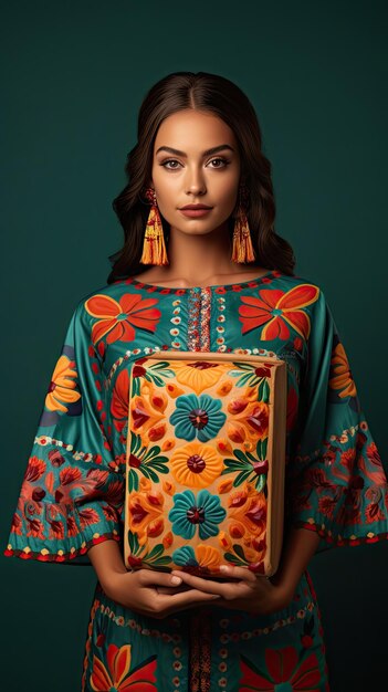 Photo day of the dead mexican woman holding gift box