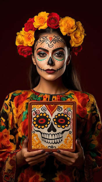 Day of the dead Mexican woman holding gift box