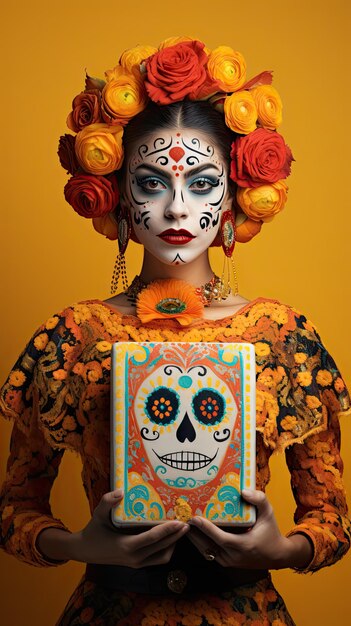 Day of the dead Mexican woman holding gift box