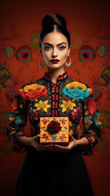 Day of the dead mexican woman holding gift box