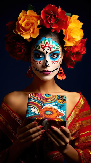 Day of the dead Mexican woman holding gift box