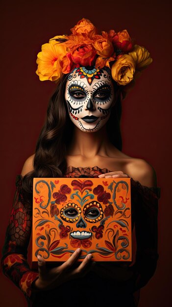 Day of the dead mexican woman holding gift box