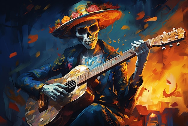 day of the dead music realistic with a skeleton holding a guitar in the style of luminous atmospher