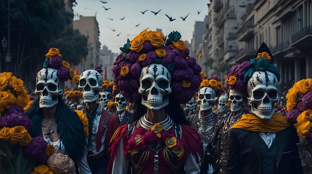 Day of the dead parade in Mexico city Woman Face Makeup Mexican Skull Halloween AI Generative Illustration