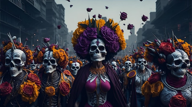 Day of the dead parade in Mexico city Woman Face Makeup Mexican Skull Halloween AI Generative Illustration