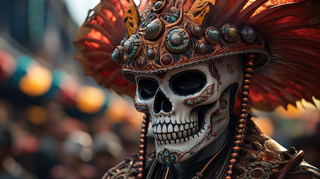 Day of the Dead parade with colorful floats and costumes