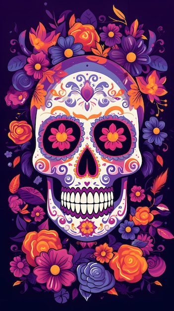 紫色の背景にさまざまなカラフルな頭蓋骨と花を持つ死者の日のポスター