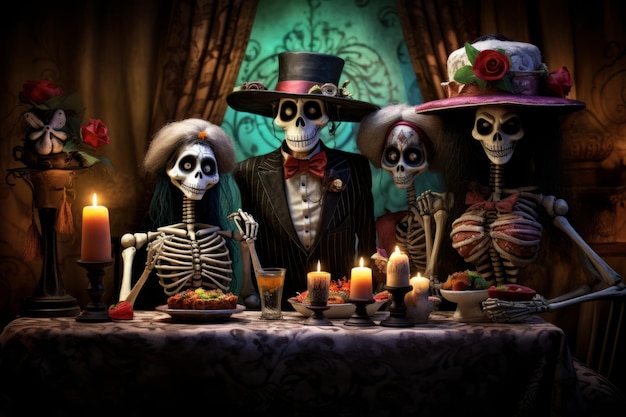 Day of the dead scene family of skeletons Beautiful illustration picture Generative AI