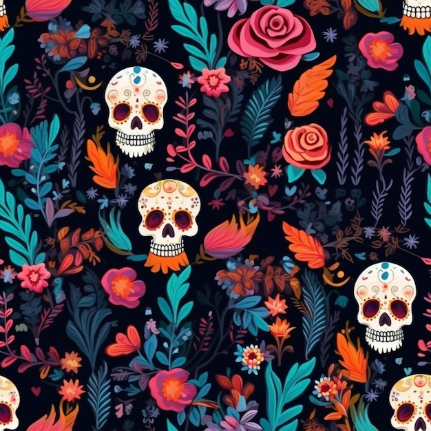 Day of the dead seamless pattern with skulls and roses.