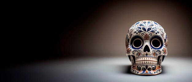 Day of the Dead skull on dark background with copy space Dia de los muertos Halloween