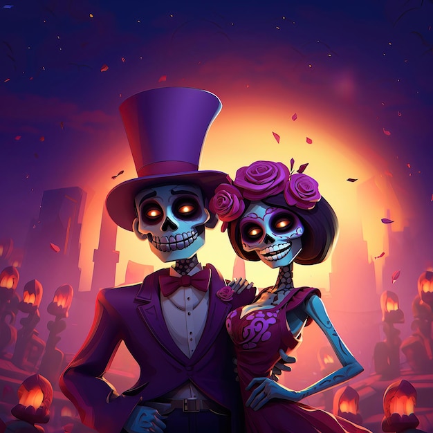 Day of the dead skull festive couple cartoon skull couple