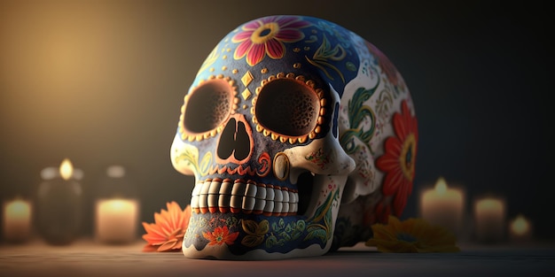 Photo day of the dead skull with blur background and candle lights