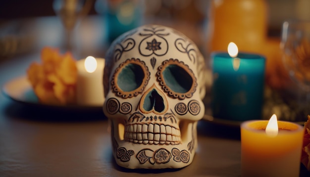 Day of the Dead skull with blur background. Generative AI