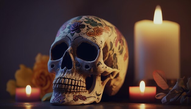 Day of the Dead skull with blur background. Generative AI