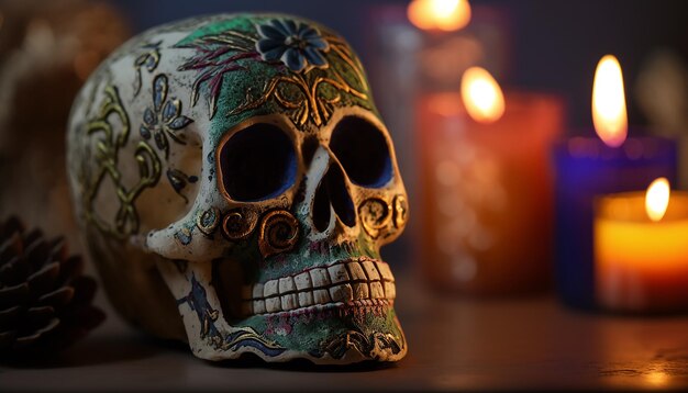 Day of the Dead skull with blur background. Generative AI