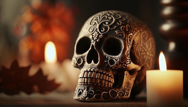 Day of the Dead skull with blur background. Generative AI