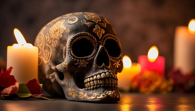 Day of the Dead skull with blur background. Generative AI