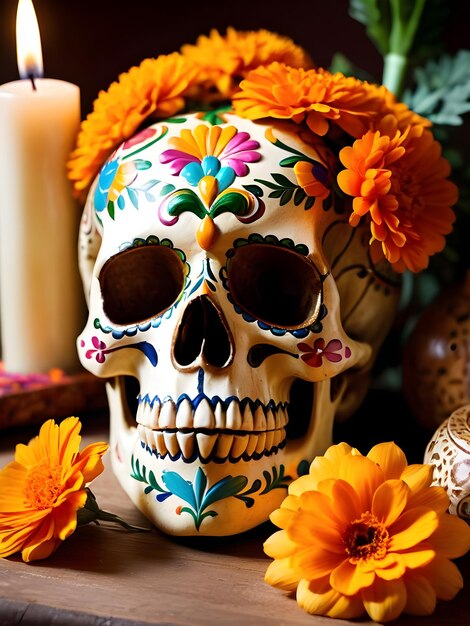 Day of the dead skull with calendula flowers and burning candles