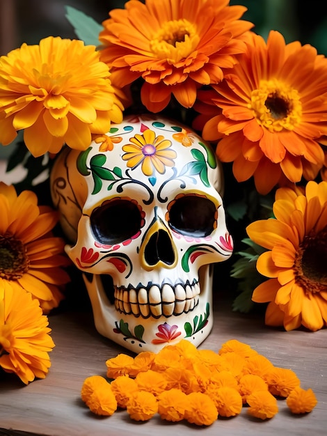 Day of the dead skull with calendula flowers and burning candles