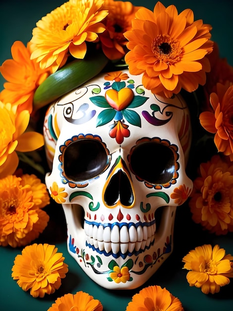 Day of the Dead skull with calendula flowers and burning candles