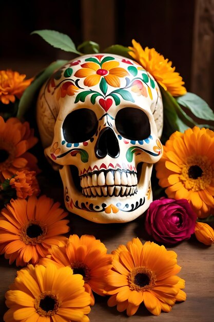 Day of the dead skull with calendula flowers and burning candles