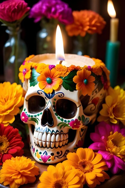 Photo day of the dead skull with calendula flowers and burning candles