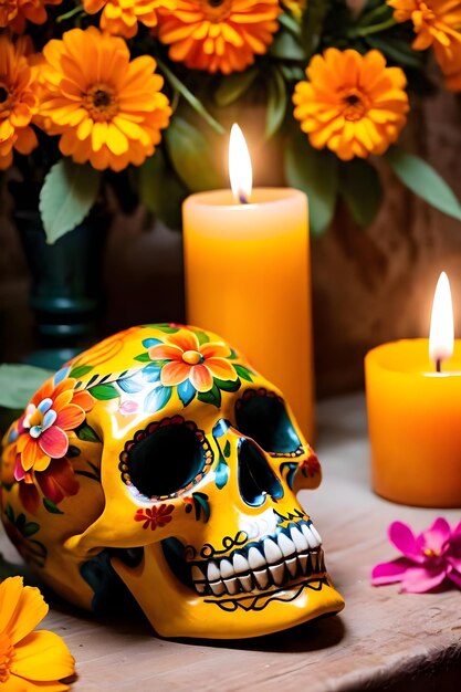 Day of the dead skull with calendula flowers and burning candles