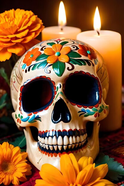 Day of the Dead skull with calendula flowers and burning candles