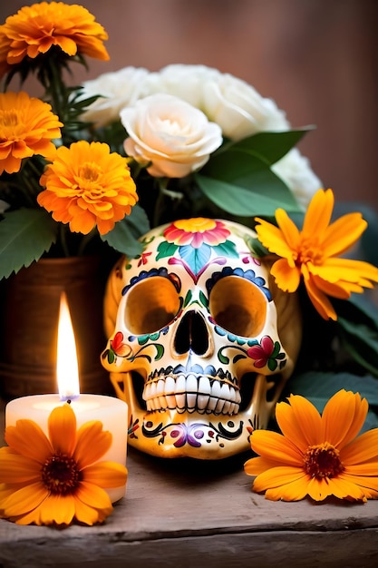 Day of the Dead skull with calendula flowers and burning candles