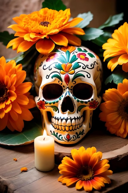 Day of the dead skull with calendula flowers and burning candles