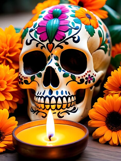 Day of the Dead skull with calendula flowers and burning candles