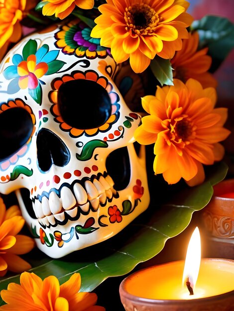 Day of the dead skull with calendula flowers and burning candles