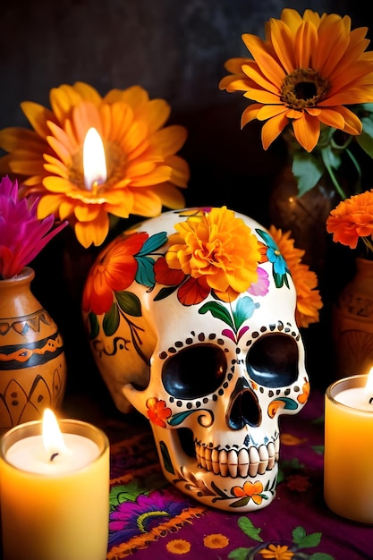 Day of the Dead skull with calendula flowers and burning candles