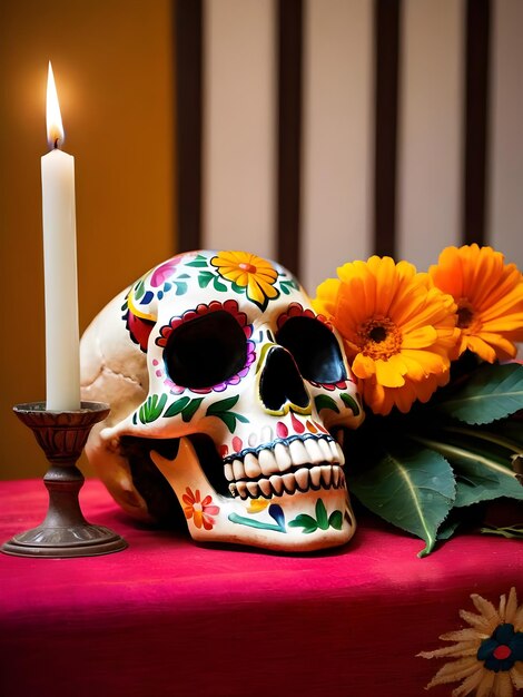 Day of the dead skull with calendula flowers and burning candles