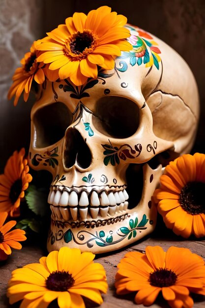 Day of the dead skull with calendula flowers and burning candles