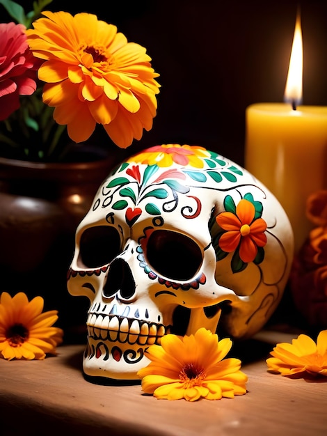 Day of the Dead skull with calendula flowers and burning candles