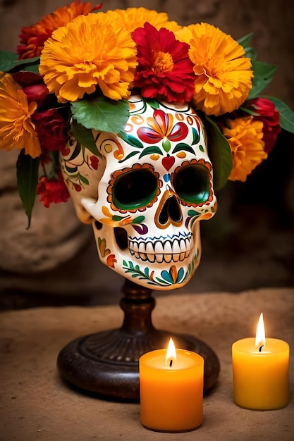 Day of the Dead skull with calendula flowers and burning candles