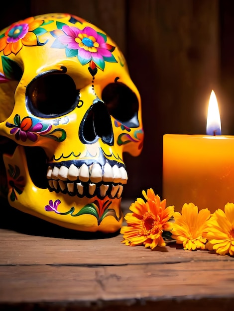 カレンデュラの花と燃えるろうそくを持つ死者の日の頭蓋骨