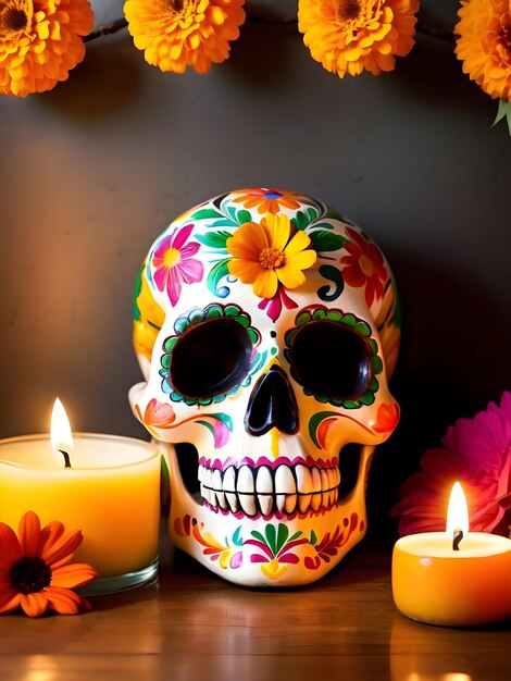 Day of the Dead skull with calendula flowers and burning candles