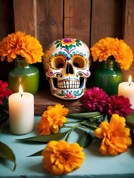 Photo day of the dead skull with calendula flowers and burning candles