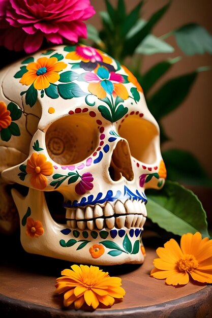 Day of the dead skull with calendula flowers and burning candles