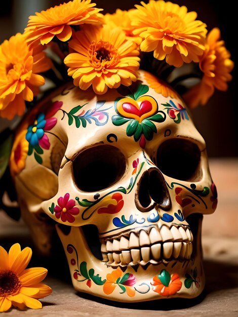 Day of the dead skull with calendula flowers and burning candles