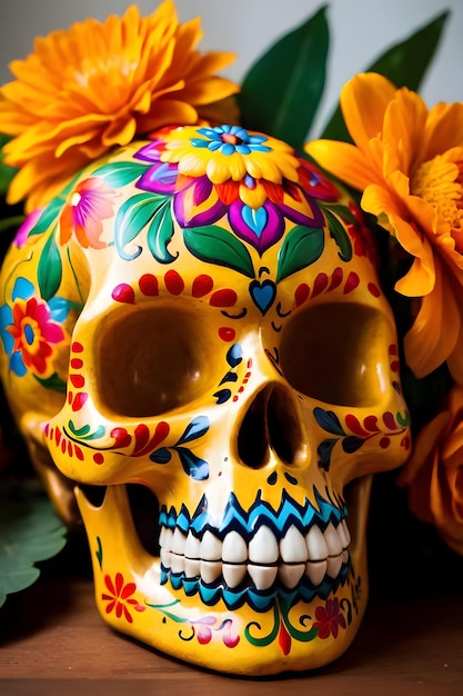 Day of the Dead skull with calendula flowers and burning candles