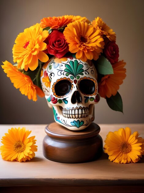 Day of the dead skull with calendula flowers and burning candles