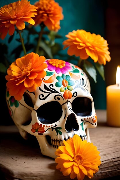 Day of the Dead skull with calendula flowers and burning candles