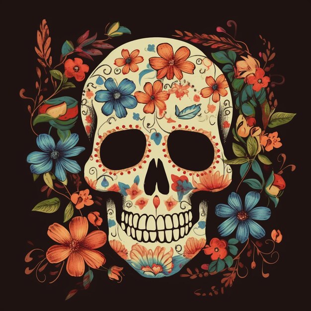 День мертвого черепа с векторной иллюстрацией цветов