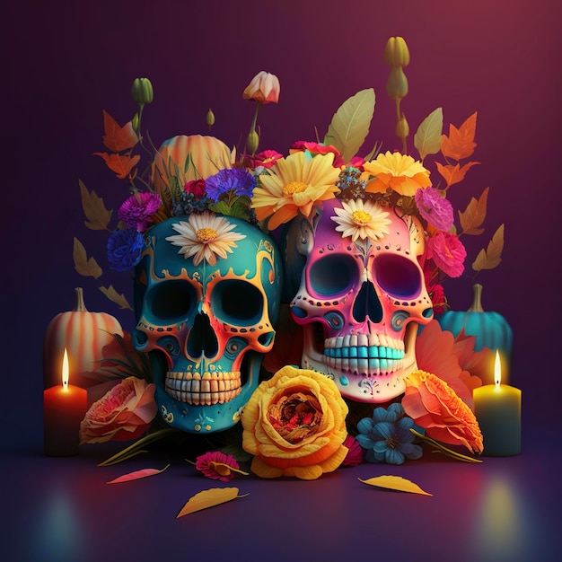 죽음의 날 두개골 Dia de los Muertos 죽음의 날과 멕시코 할로윈 배경 멕시코 전통 축제 죽음의 설탕 두개골 Dia de los Muertos 생성 ai