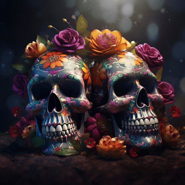 Day of the Dead skulls Dia de los Muertos Day of the Dead and Mexican Halloween background Mexican tradition festival Day of the dead sugar skull Dia de los Muertos generate ai