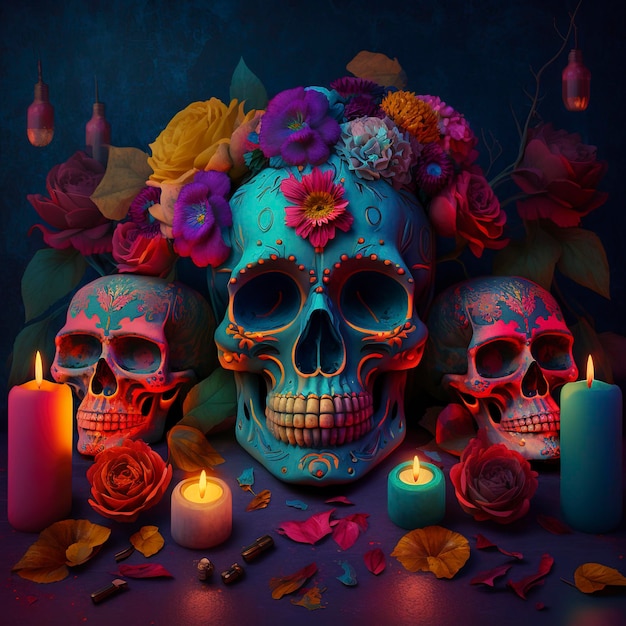 Day of the Dead skulls Dia de los Muertos Day of the Dead and Mexican Halloween background Mexican tradition festival Day of the dead sugar skull Dia de los Muertos generate ai